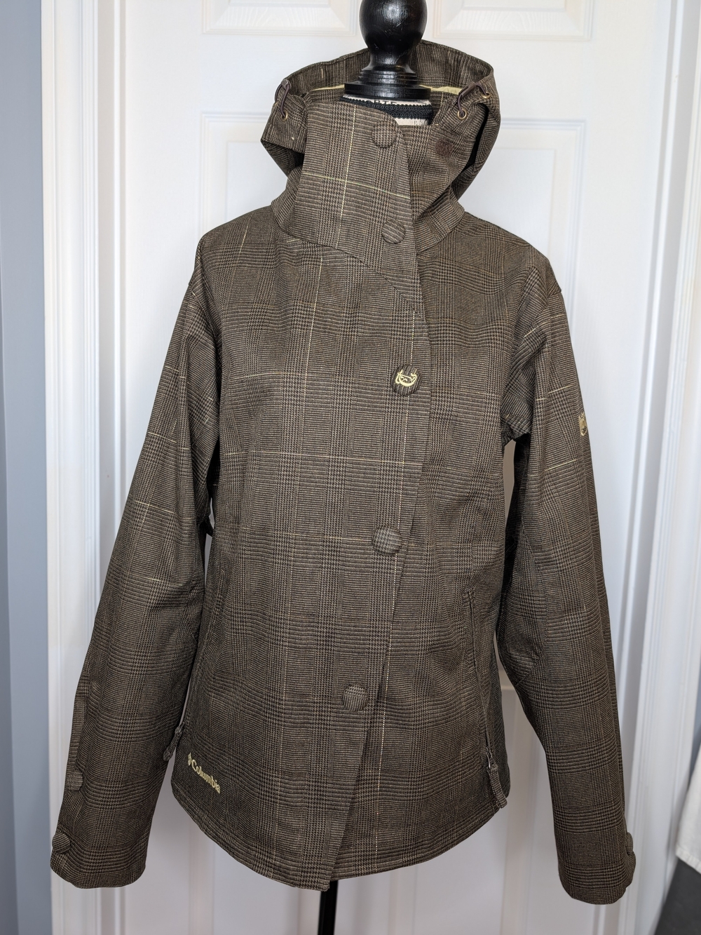 Columbia Women's Waterproof Hooded Jacket Brown Gold Plaid Size M